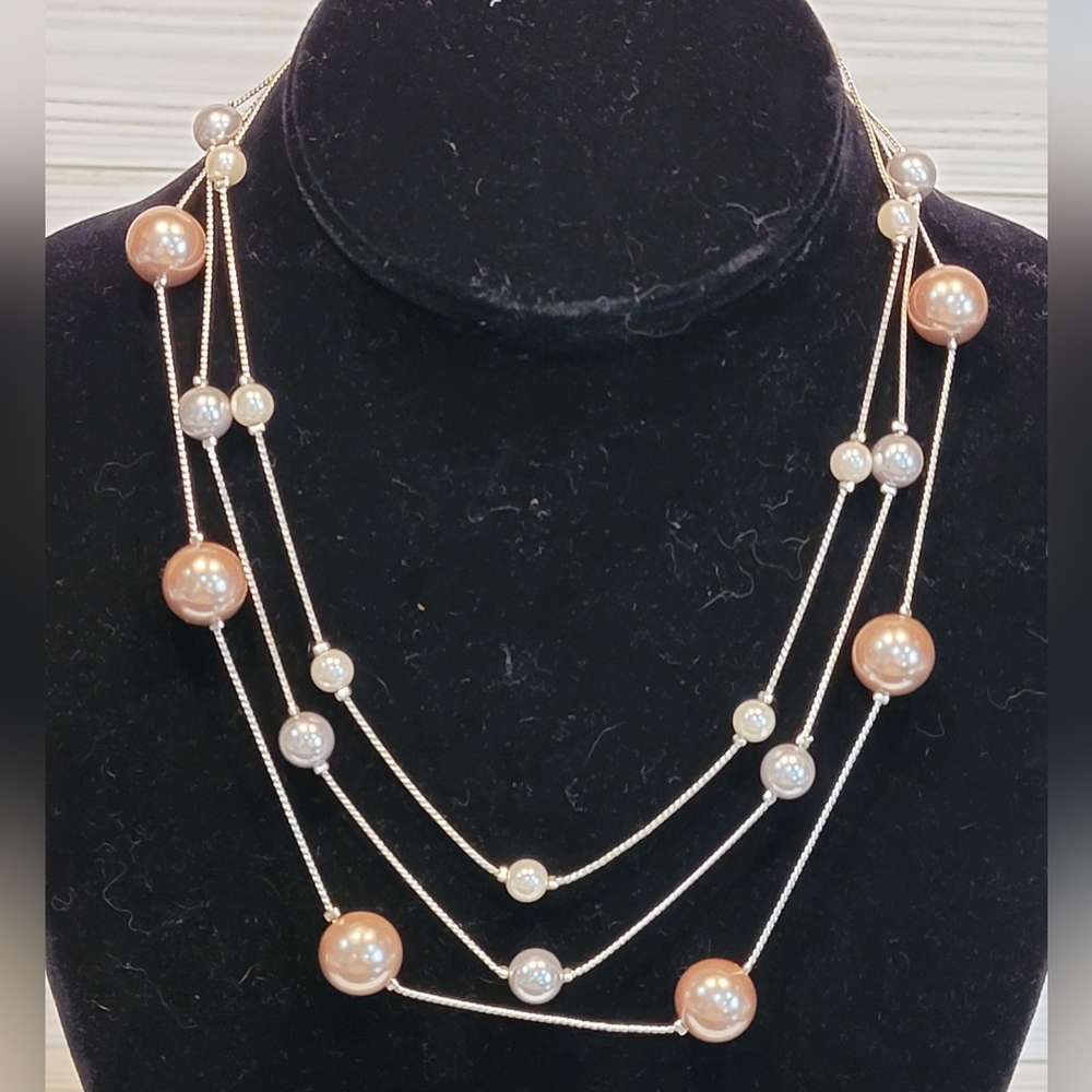 Vintage Roman RMN Multi Strand Faux Pearl Silver Tone Necklace 16”